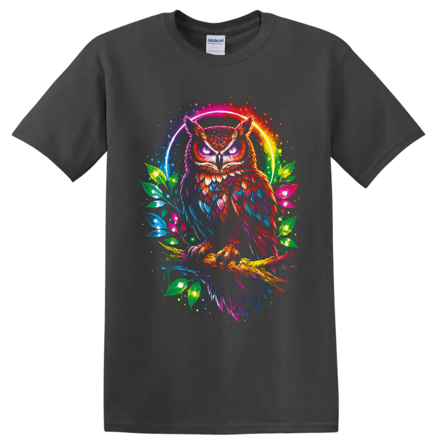 Neon rainbow horned owl on a branch with glowing leaves and circular halo on a Charcoal T Shirt