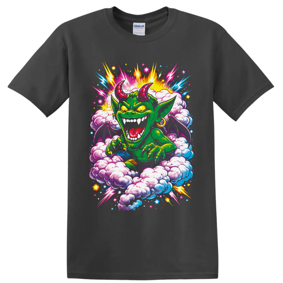 Psychedelic green horned goblin with neon lightning, wings, clouds, and stars on a Charcoal T Shirt
