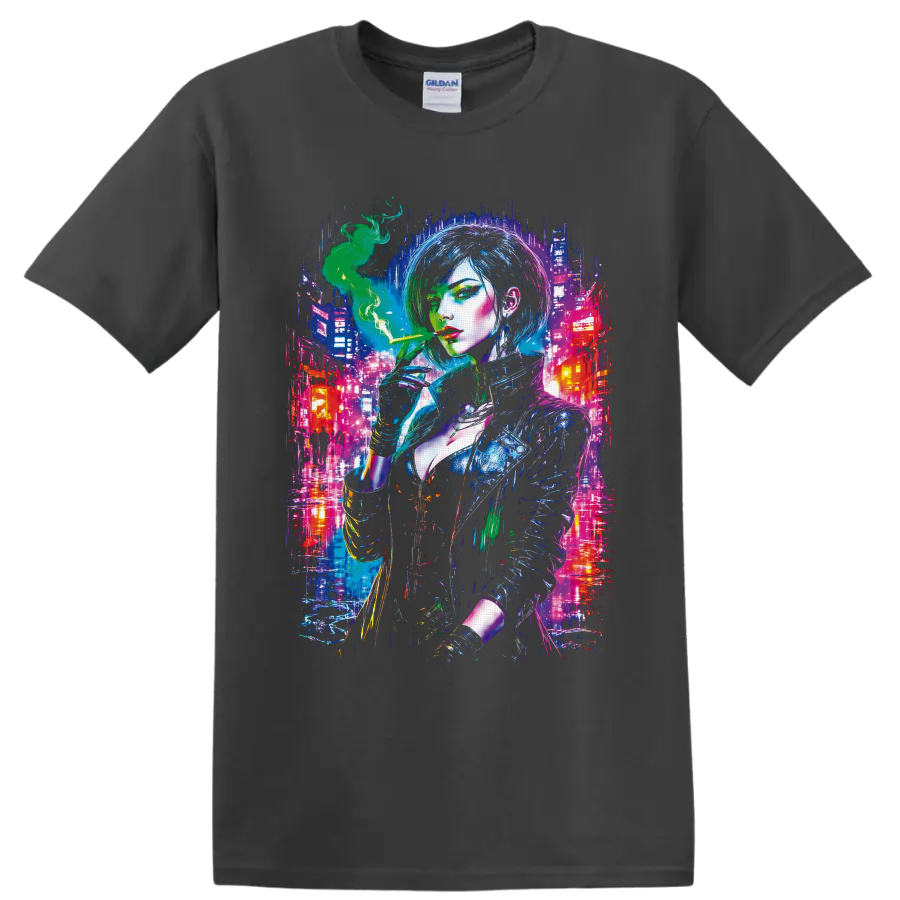 Cyberpunk woman with green smoke in a neon futuristic city graphic on a Charcoal T Shirt
