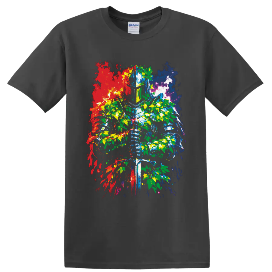 Medieval knight with sword, cannabis leaves, and colorful splatter graphic art on a Charcoal T Shirt