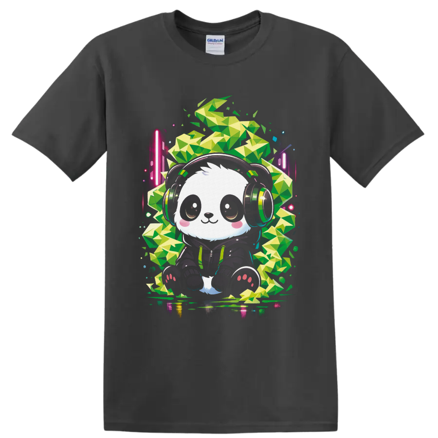 Cute panda DJ in headphones with neon geometric cannabis leaf art on a Charcoal T Shirt