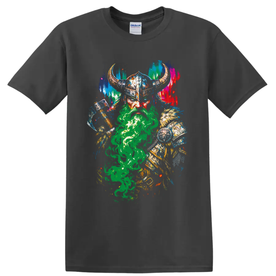 Colorful distressed Viking warrior with horned helmet, axe, shield, and green smoke on a Charcoal T Shirt