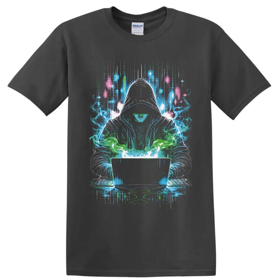 Hooded cannabis hacker with glowing laptop in neon cyberpunk digital art on a Charcoal T Shirt