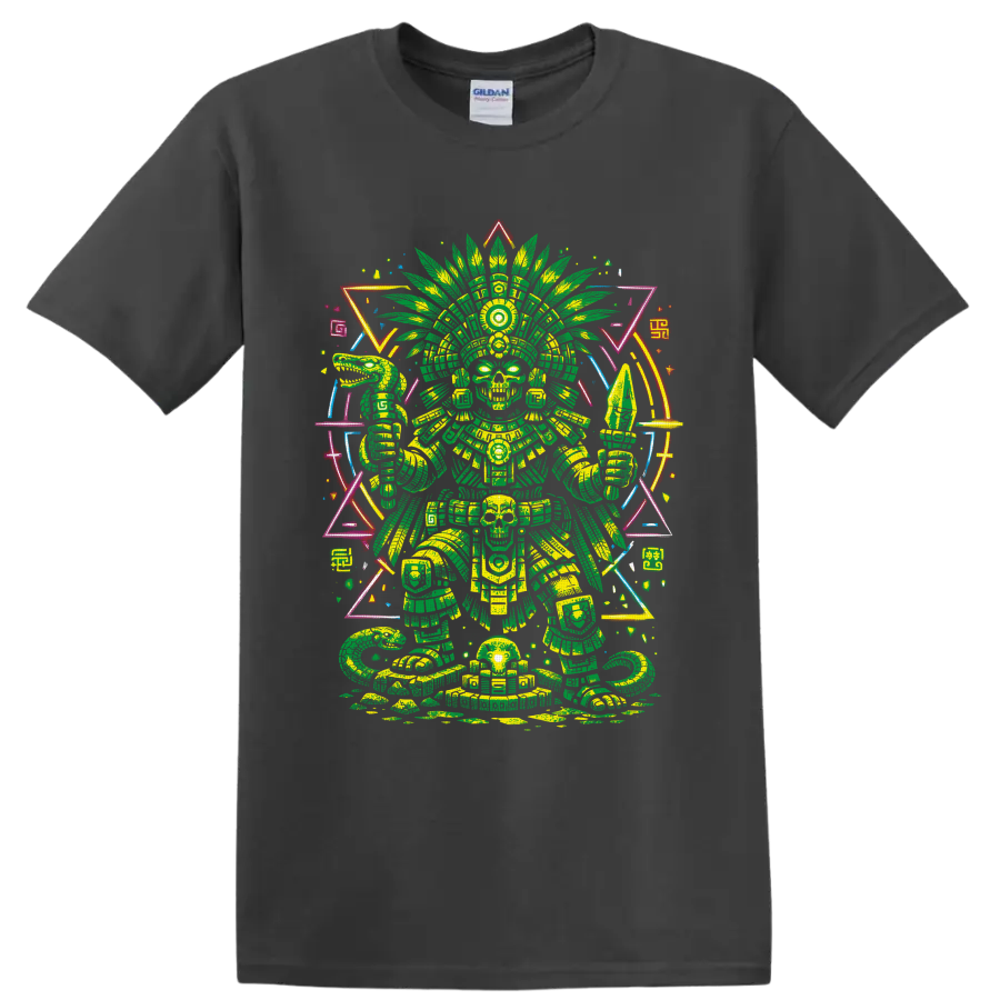 Aztec-inspired skeletal warrior with cannabis-leaf headdress and neon geometric art on a Charcoal T Shirt