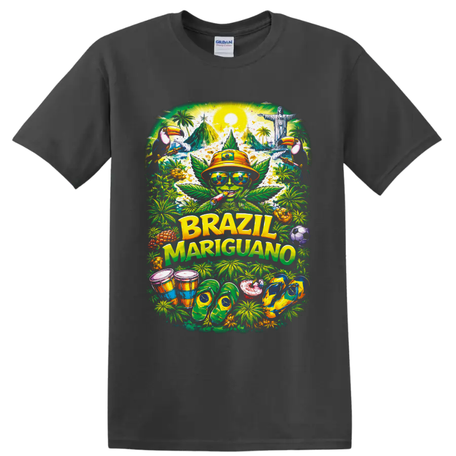 Brazil Mariguano tropical cannabis character with toucans, drums, and soccer ball on a Charcoal T Shirt