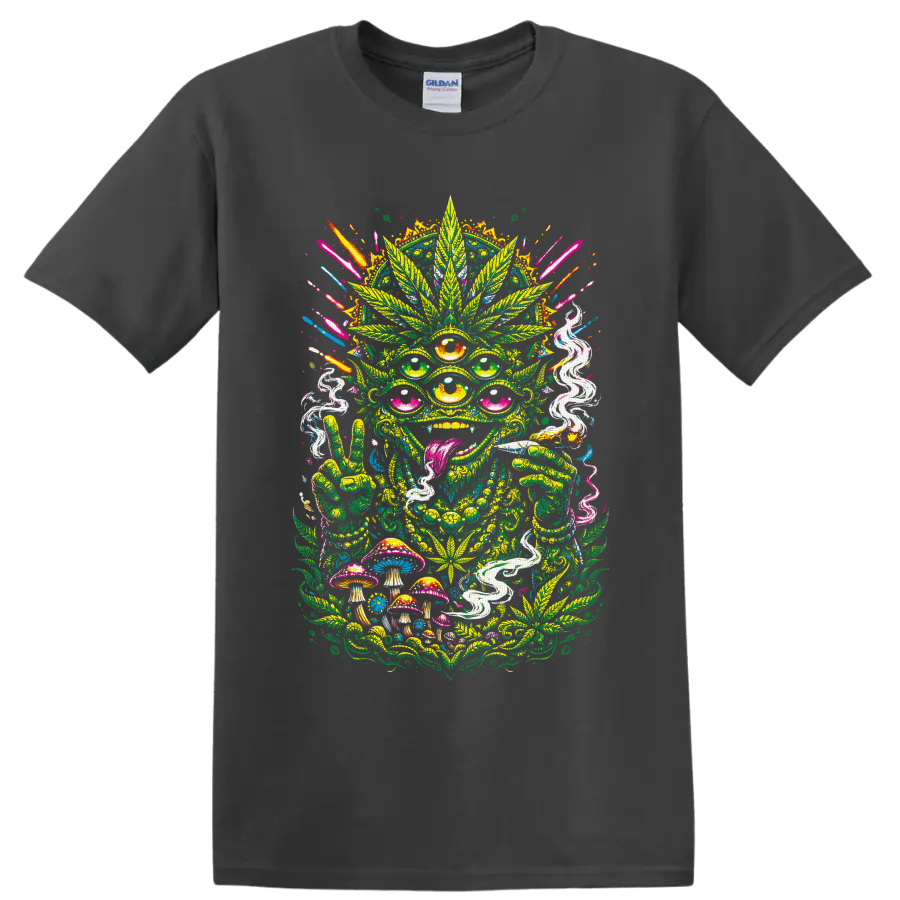 Psychedelic multi-eyed cannabis alien with mushrooms, smoke, and peace sign on a Charcoal T Shirt