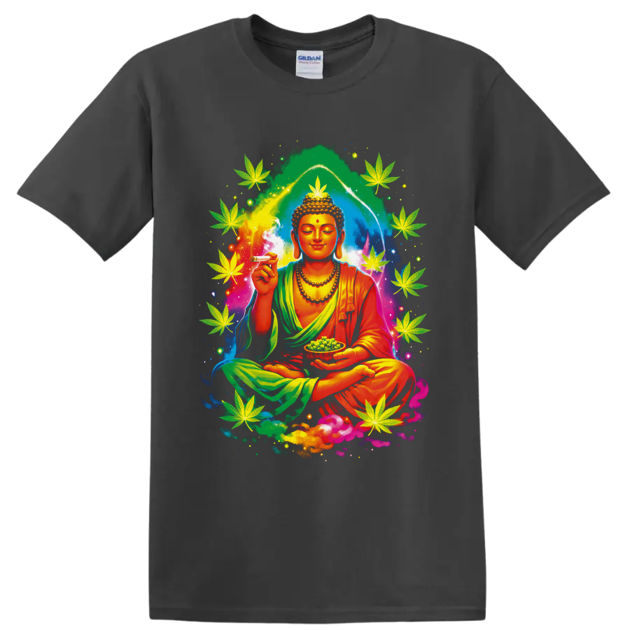 Psychedelic meditating Buddha with cannabis leaves, smoke, buds, and cosmic aura on a Charcoal T Shirt