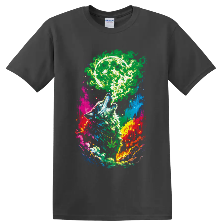 Howling wolf beneath a glowing cannabis moon in psychedelic paint-splash art on a Charcoal T Shirt