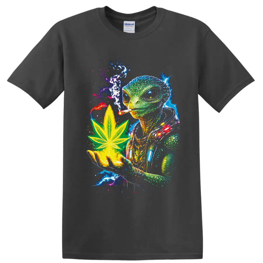 Psychedelic reptilian alien with cannabis leaf, smoke, and cosmic lightning on a Charcoal T Shirt