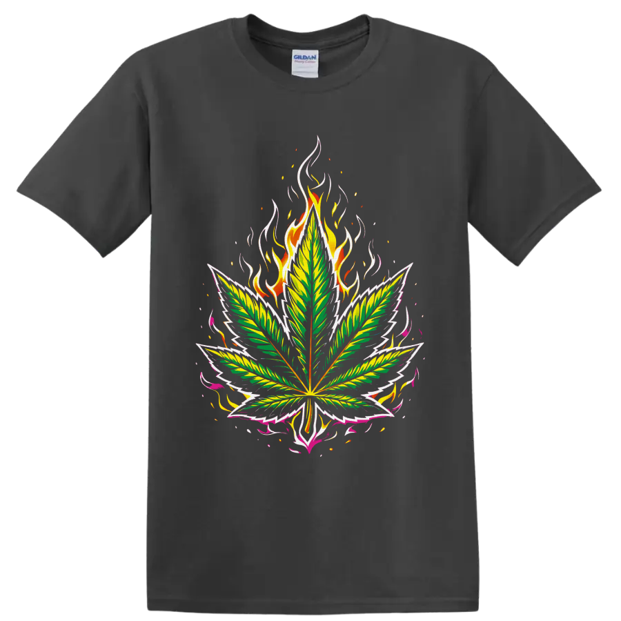 Psychedelic cannabis leaf graphic with flames, embers, and pink ribbon-like accents on a Charcoal T Shirt