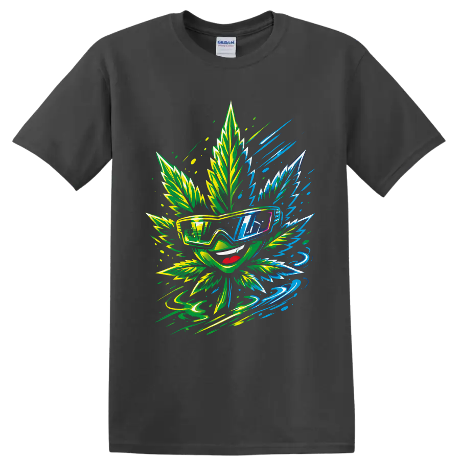 Psychedelic cannabis leaf character in sunglasses with neon lightning and leaf art on a Charcoal T Shirt
