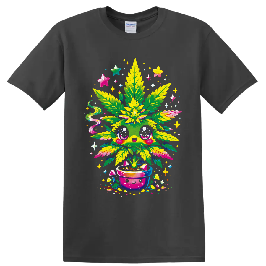 Kawaii cannabis plant in a smiling pot with mushrooms, stars, and psychedelic sparkles on a Charcoal T Shirt