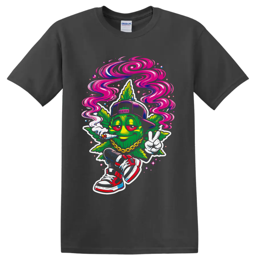 Psychedelic cartoon cannabis leaf character with swirling smoke, cap, chain, and peace on a Charcoal T Shirt