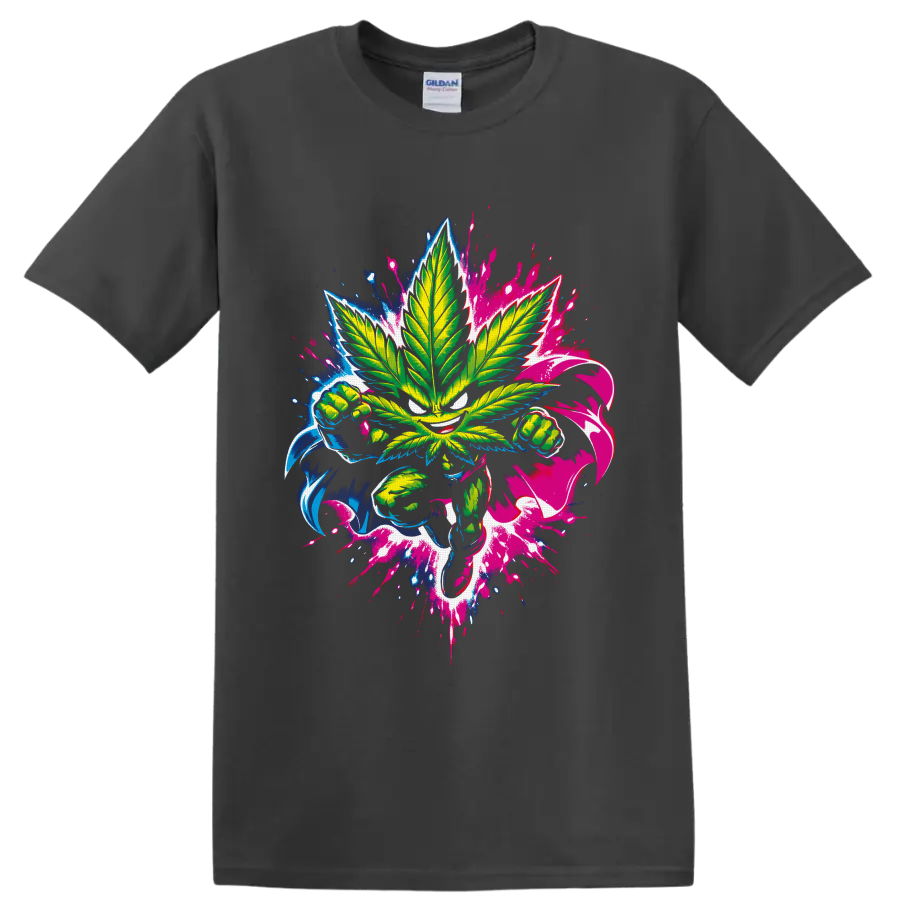 Neon cannabis leaf fighter with clenched fists and blue pink graffiti splatters on a Charcoal T Shirt