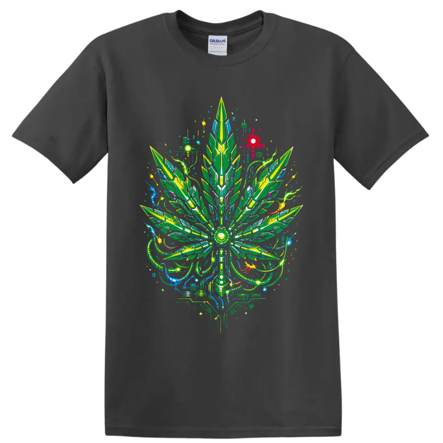 Cyberpunk cannabis leaf with neon circuitry, geometric panels, and psychedelic cables on a Charcoal T Shirt