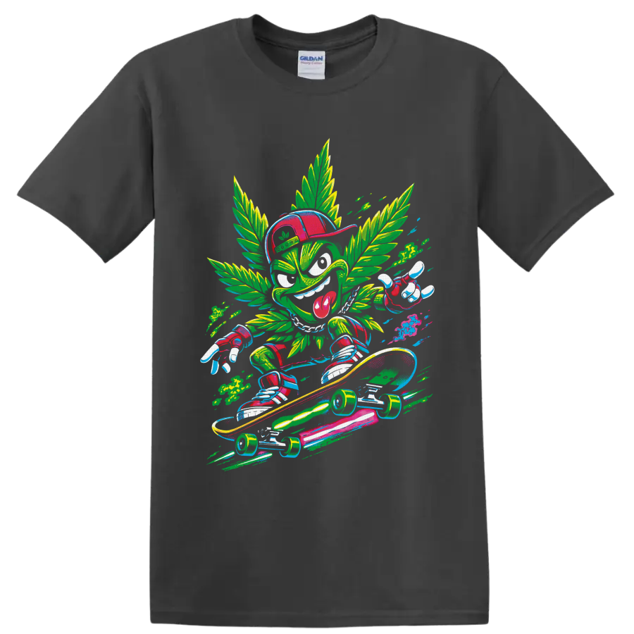 Retro comic cannabis leaf character skateboarding on a longboard on a Charcoal T Shirt