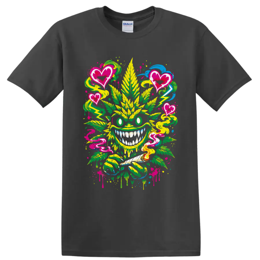 Graffiti cannabis leaf monster with pink hearts, smoke swirls, lightning, and splatters on a Charcoal T Shirt