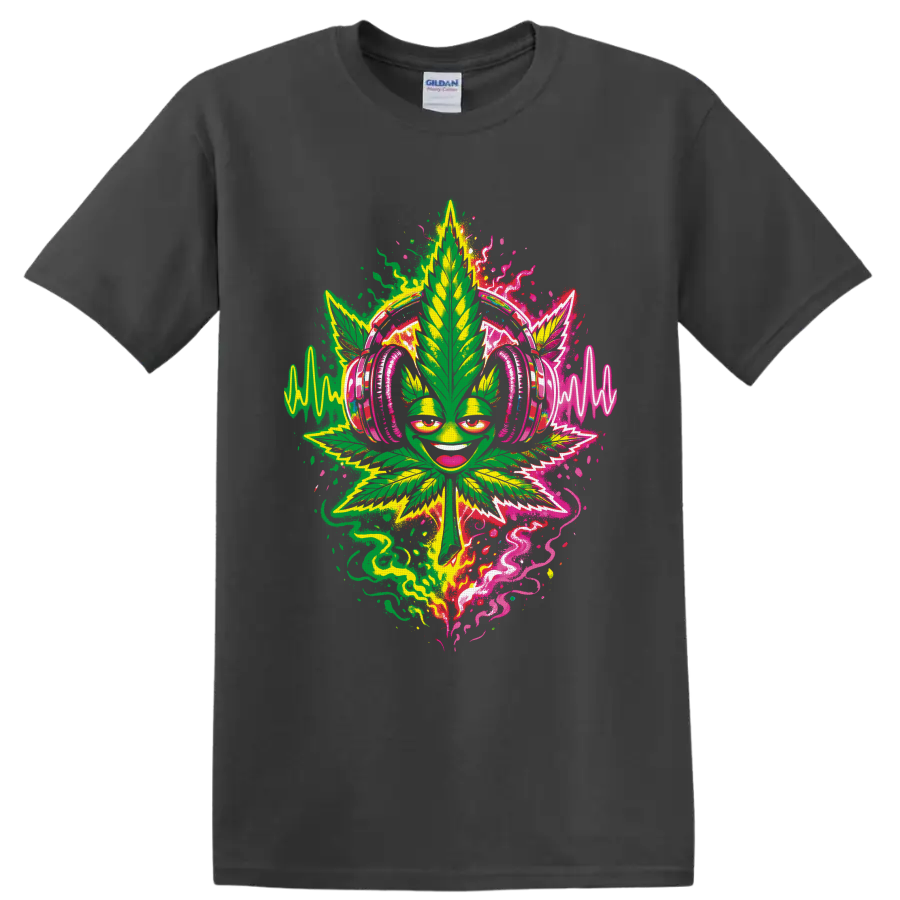 Smiling cannabis leaf DJ in pink headphones with neon soundwaves and lightning on a Charcoal T Shirt