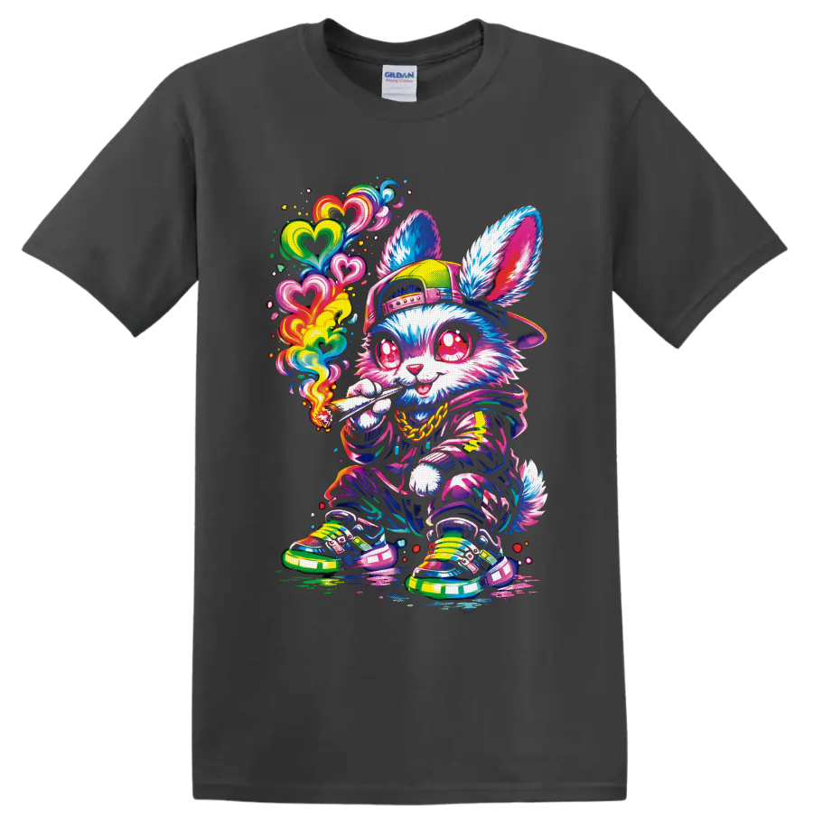 Psychedelic streetwear rabbit with rainbow hearts and a lit rolled smoke on a Charcoal T Shirt