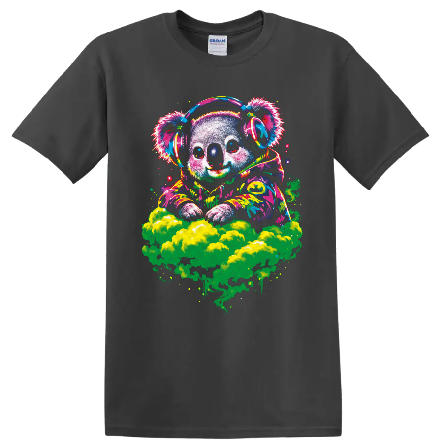 Psychedelic koala DJ in headphones and paint-splashed hoodie above green smoke on a Charcoal T Shirt