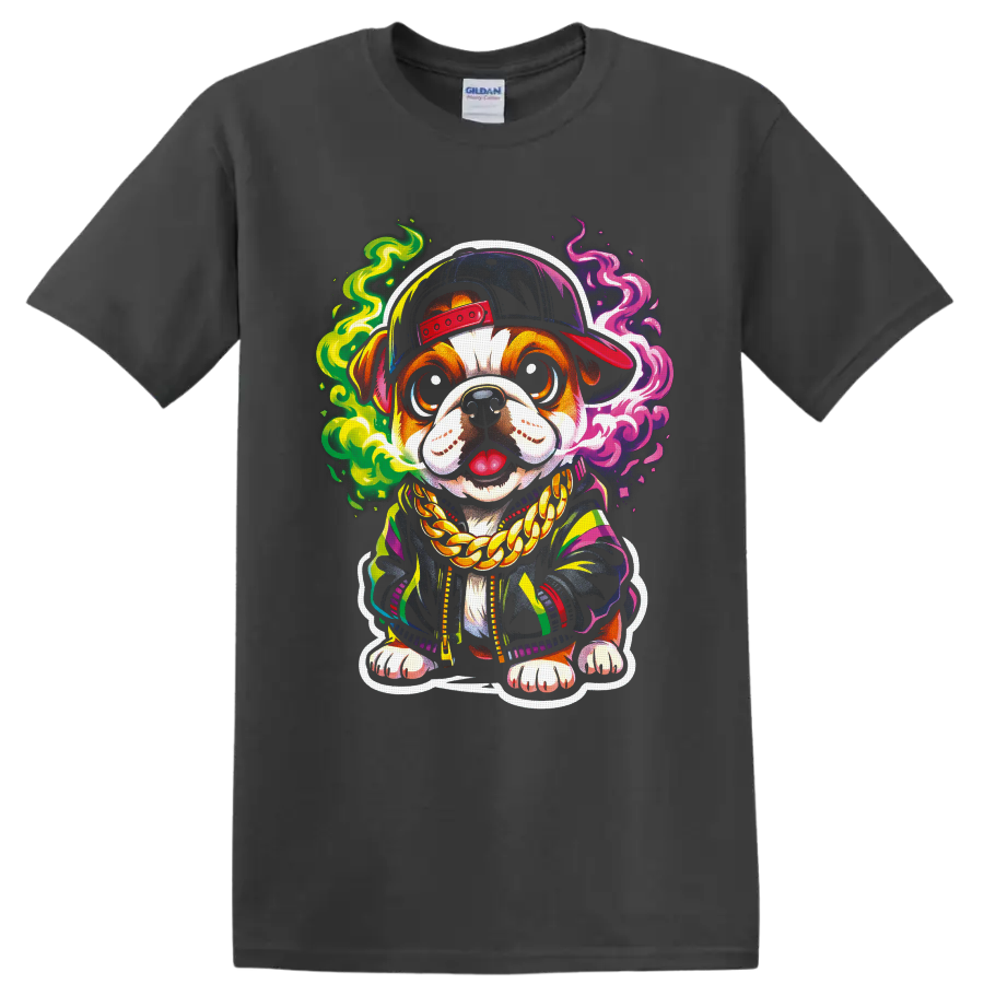Cartoon dog in a backward cap and gold chain with colorful neon smoke on a Charcoal T Shirt