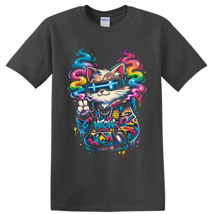 Graffiti-style cat DJ in neon visor shades with rainbow swirls and Meow text on a Charcoal T Shirt