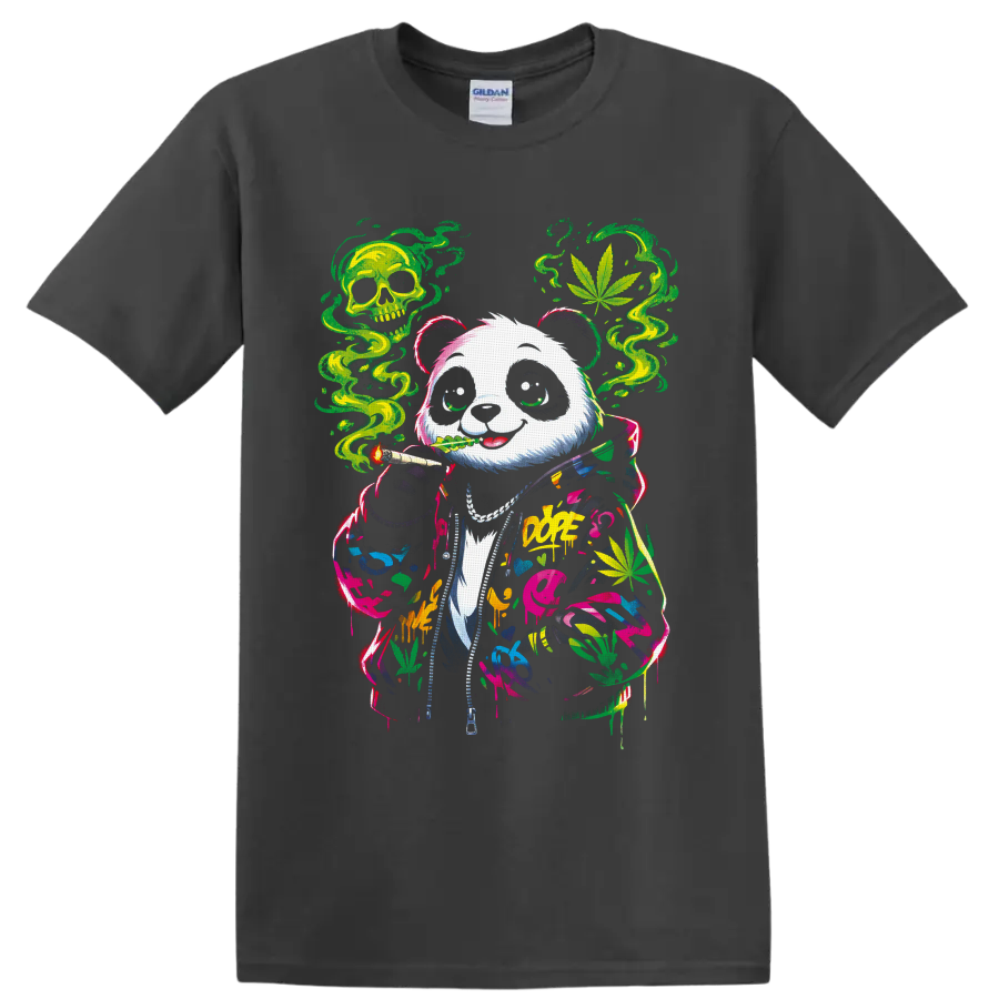 Graffiti panda in a paint-splashed hoodie with cannabis leaves, green smoke, and skull on a Charcoal T Shirt