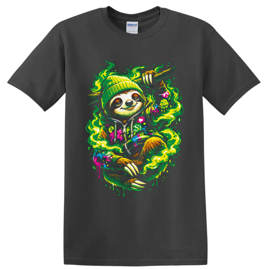 Psychedelic beanie-wearing sloth with green smoke swirls and colorful street-art splatter on a Charcoal T Shirt