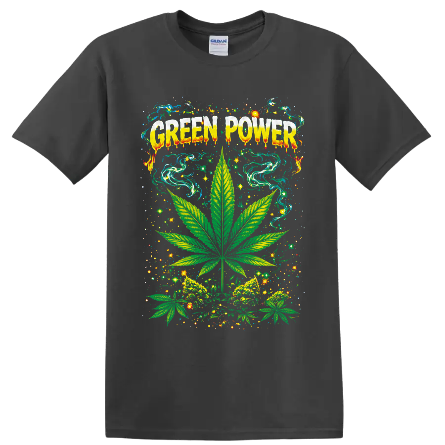 Green Power psychedelic cannabis leaf graphic with swirling smoke and sparkling stars on a Charcoal T Shirt