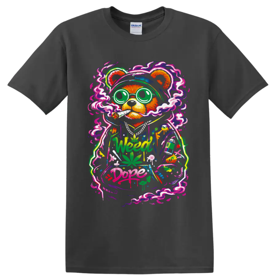 Cartoon cannabis bear with neon smoke, leaves, mushrooms, and Weed Dope graffiti on a Charcoal T Shirt