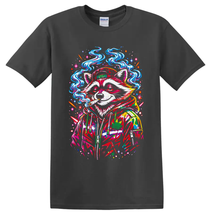 Psychedelic cannabis raccoon in cap and hoodie with swirling smoke and leaf on a Charcoal T Shirt