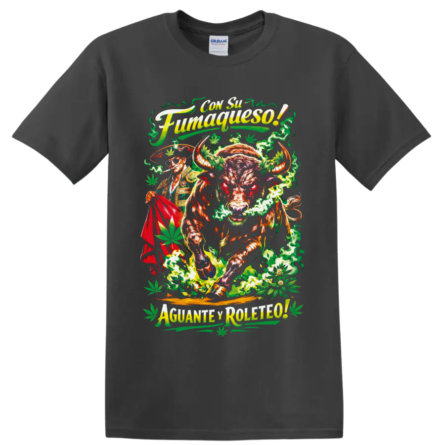 Charging bull and matador with cannabis leaves, green smoke, and Spanish-style lettering on a Charcoal T Shirt
