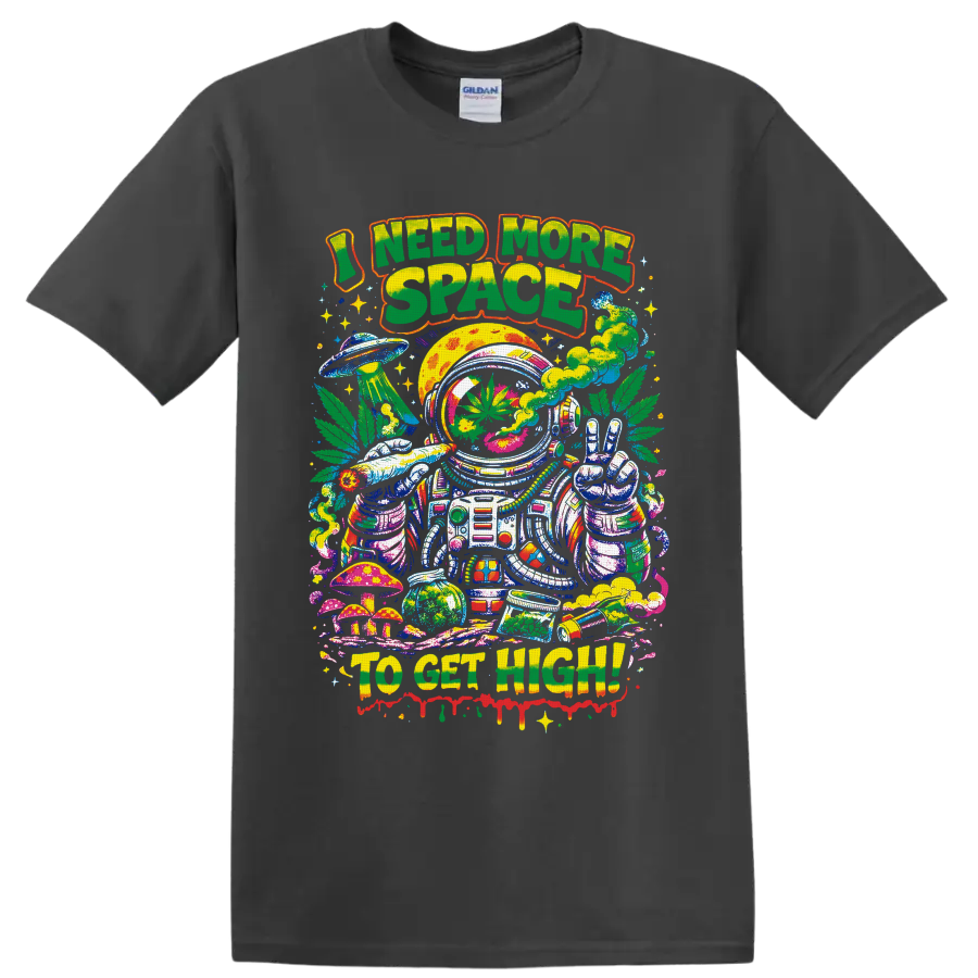 Psychedelic cannabis astronaut with peace sign, UFO, mushrooms, and I Need More Space text on a Charcoal T Shirt