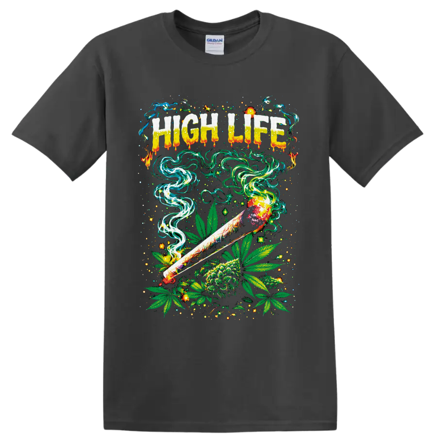 High Life psychedelic cannabis graphic with rolled smoke, leaves, flower, and neon swirls on a Charcoal T Shirt