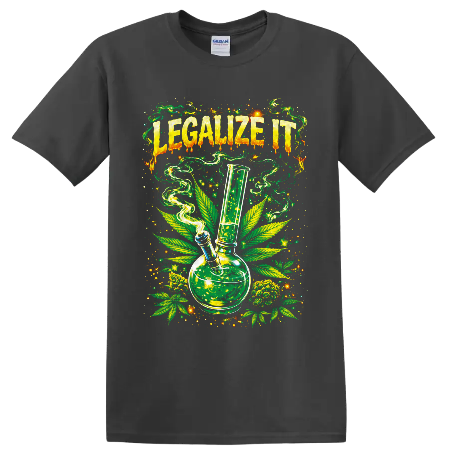 Legalize It psychedelic cannabis bong graphic with leaves, smoke, and starbursts on a Charcoal T Shirt