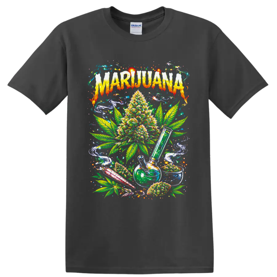 Psychedelic marijuana plant, leaves, glass water pipe, smoke swirls, and MARIJUANA text on a Charcoal T Shirt