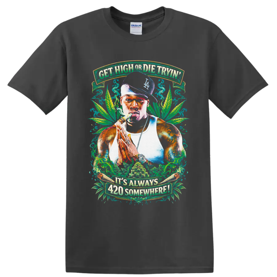 Stoner portrait with cannabis leaves, smoke, and It's Always 420 Somewhere banners on a Charcoal T Shirt