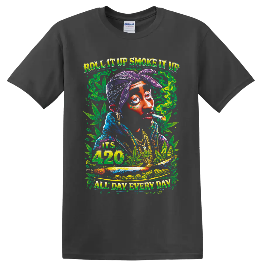 Psychedelic 420 smoker portrait with cannabis leaves and All Day Everyday text on a Charcoal T Shirt
