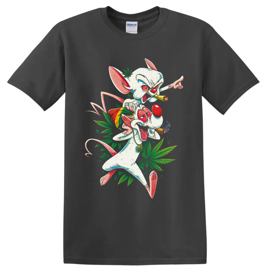 Pinky cartoon mouse smoking joints with snack bag and cannabis leaf graphic on a Charcoal T Shirt
