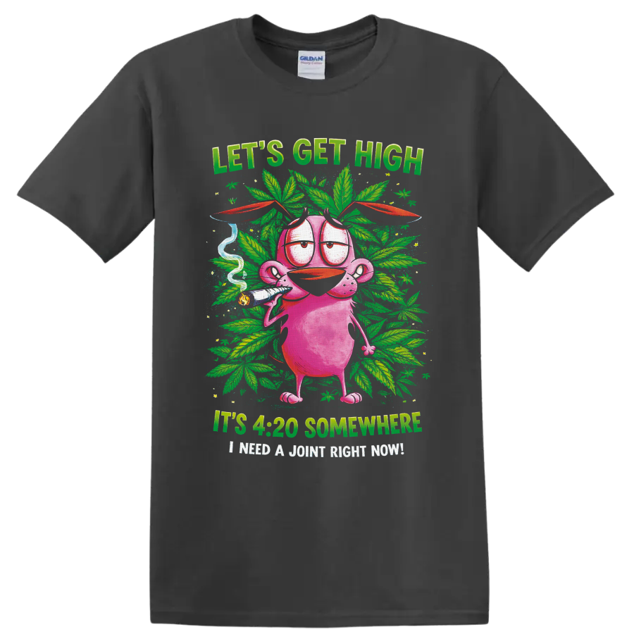 Pink cartoon character holding a joint amid cannabis leaves and 420 slogans on a Charcoal T Shirt