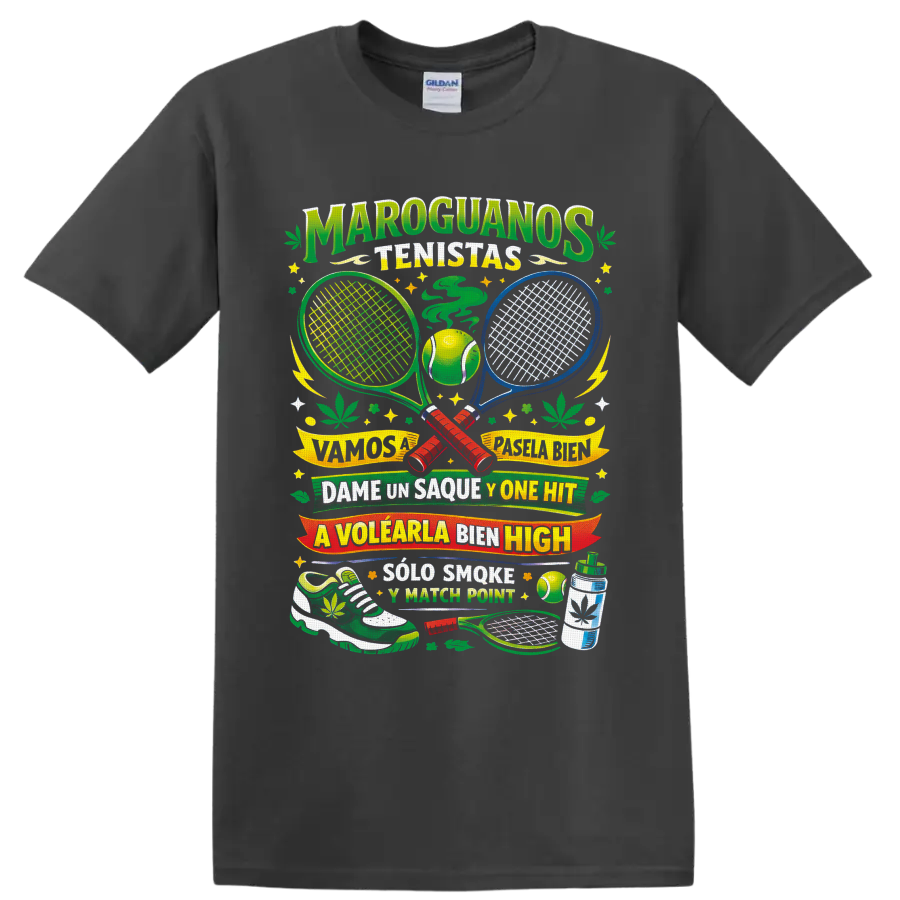 Retro cannabis tennis graphic with crossed rackets, ball, leaves, and Spanish wordplay on a Charcoal T Shirt
