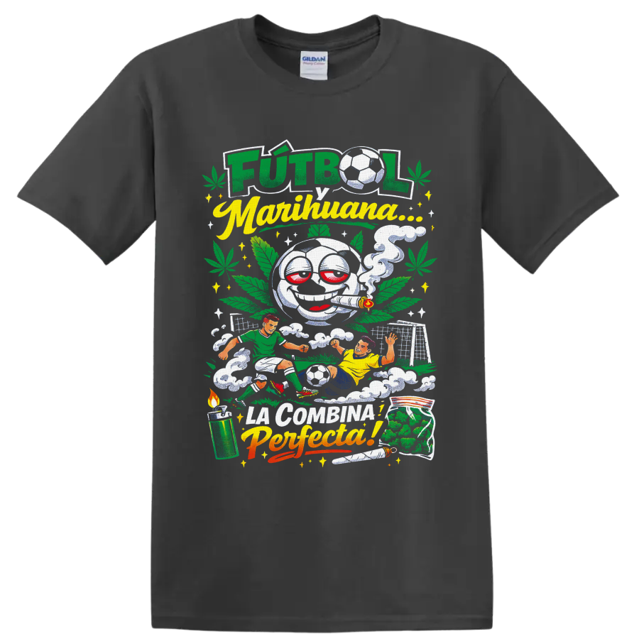 Smoking cartoon soccer ball with cannabis leaves, players, and Futbol y Marihuana text on a Charcoal T Shirt
