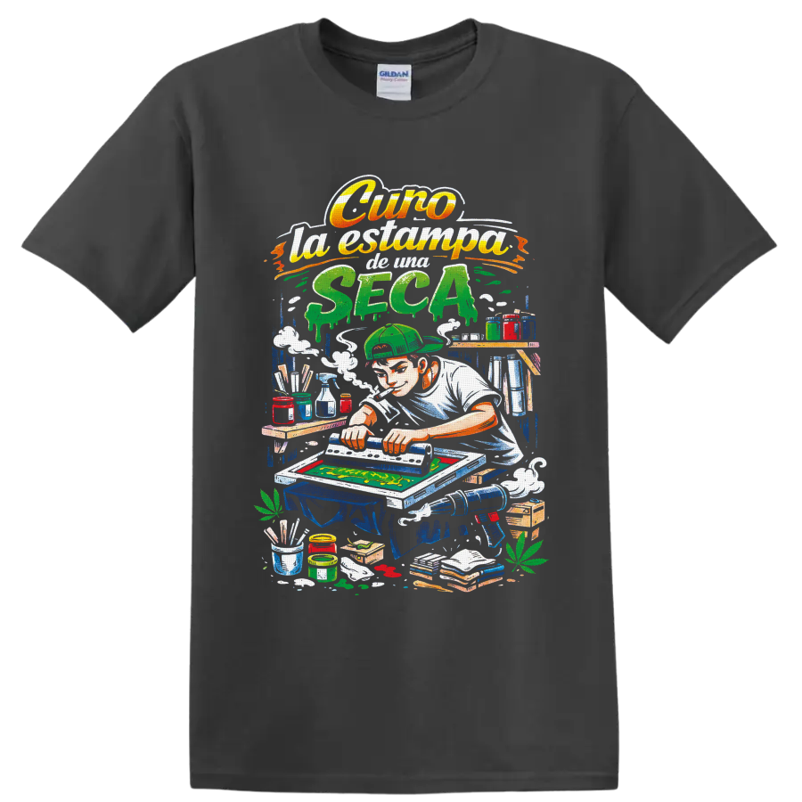 Retro cannabis screen printer illustration with squeegee, inks, smoke, and leafy accents on a Charcoal T Shirt