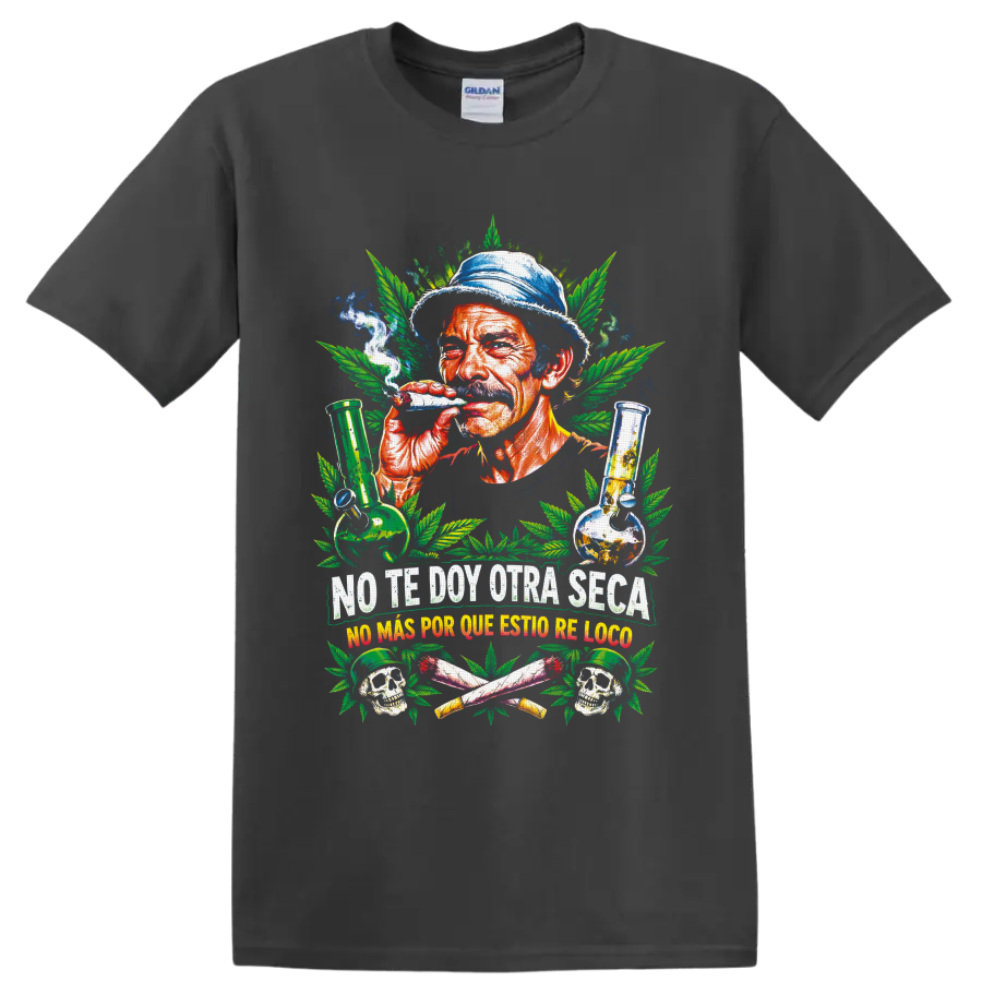 Smoking man with cannabis leaves, glass bongs, skulls, and Spanish slogans graphic on a Charcoal T Shirt