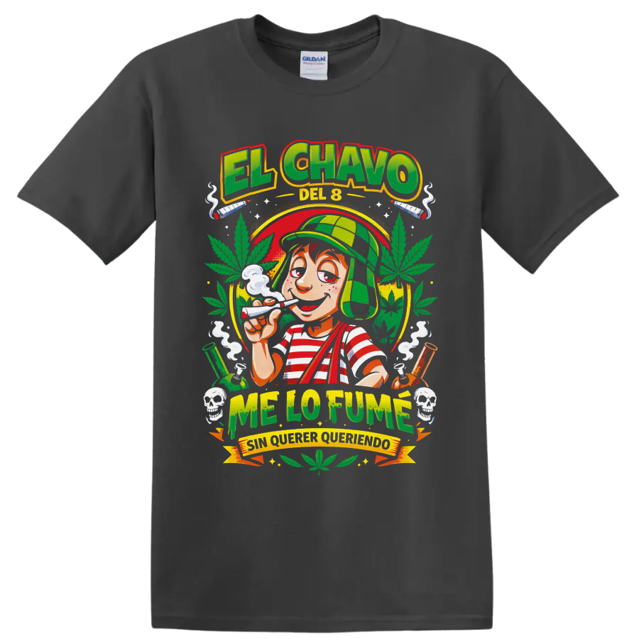 El Chavo del 8 cartoon with cannabis leaves, pipes, smoke, and Me Lo Fumé text on a Charcoal T Shirt
