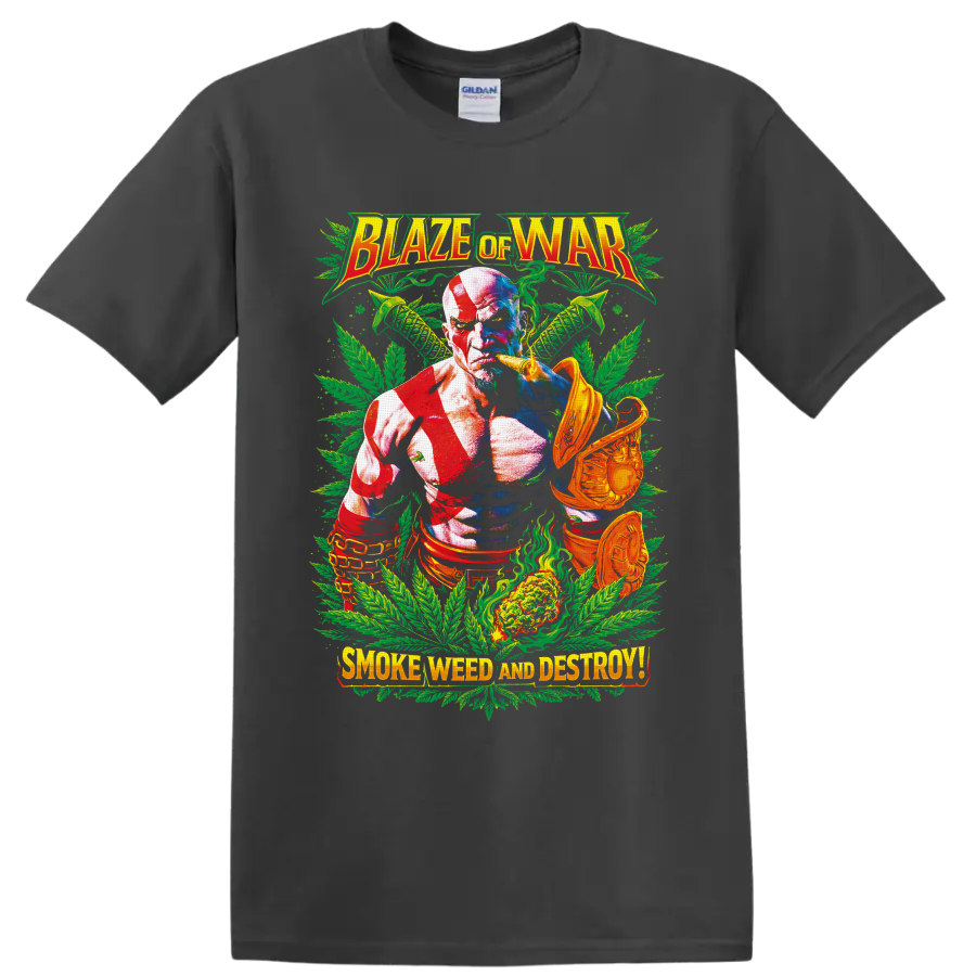 Kratos cannabis warrior graphic with green leaves and Blaze of War text on a Charcoal T Shirt