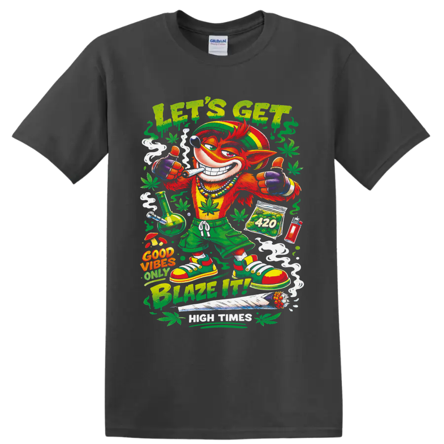 Crash Bandicoot-inspired retro 420 cartoon with Let's Get Blazed text and cannabis leaves on a Charcoal T Shirt