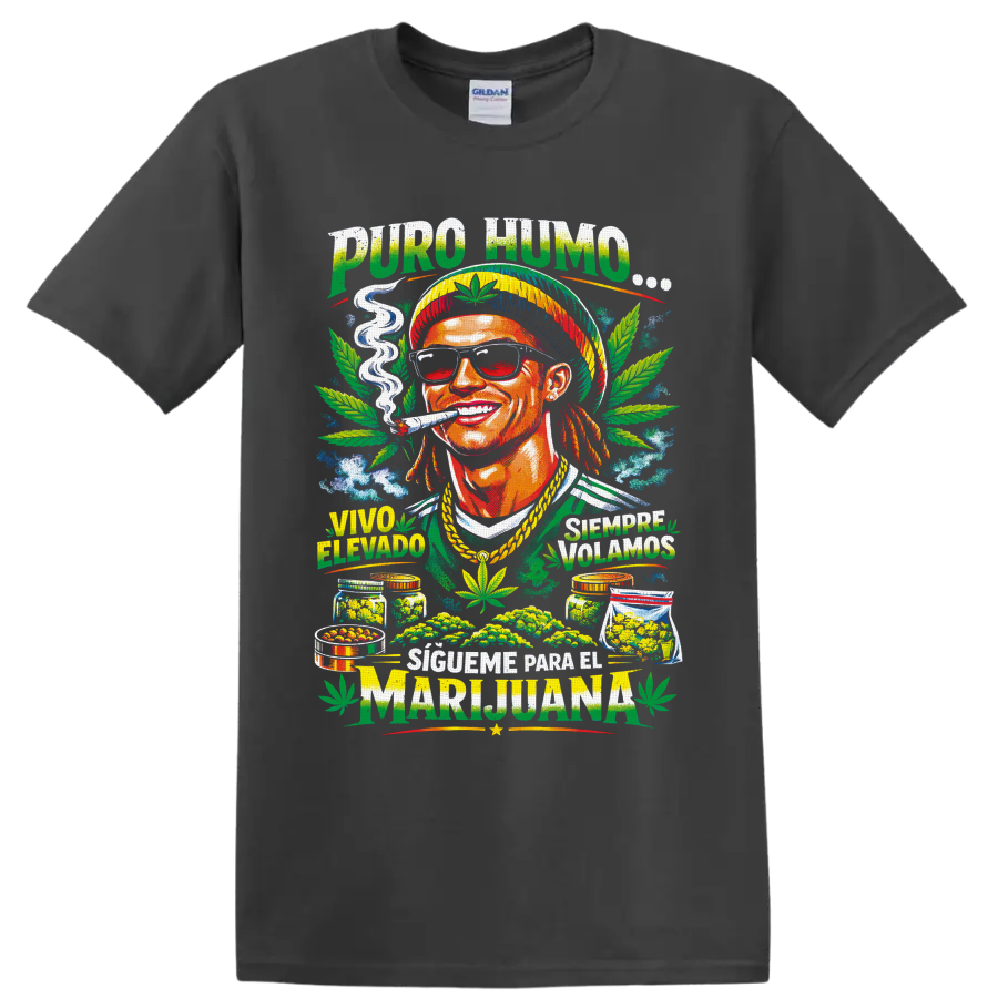 Colorful 420 cannabis graphic with smiling smoker, sunglasses, leaves, and Spanish on a Charcoal T Shirt