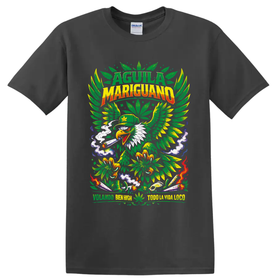 Cannabis eagle with leaf wings, lit rolled smoke, and psychedelic 420 artwork on a Charcoal T Shirt