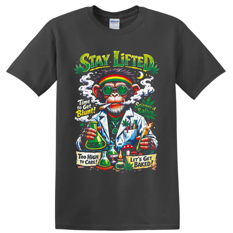 Psychedelic cannabis ape scientist graphic with leaf glasses, smoke, and lab glassware on a Charcoal T Shirt